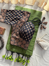 Mehndi Handloom Cotton Saree With Black Ajrakh Print Redy Made Blouse